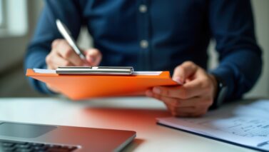 man reviews documents orange clipboard office carefully inspects paperwork takes notes